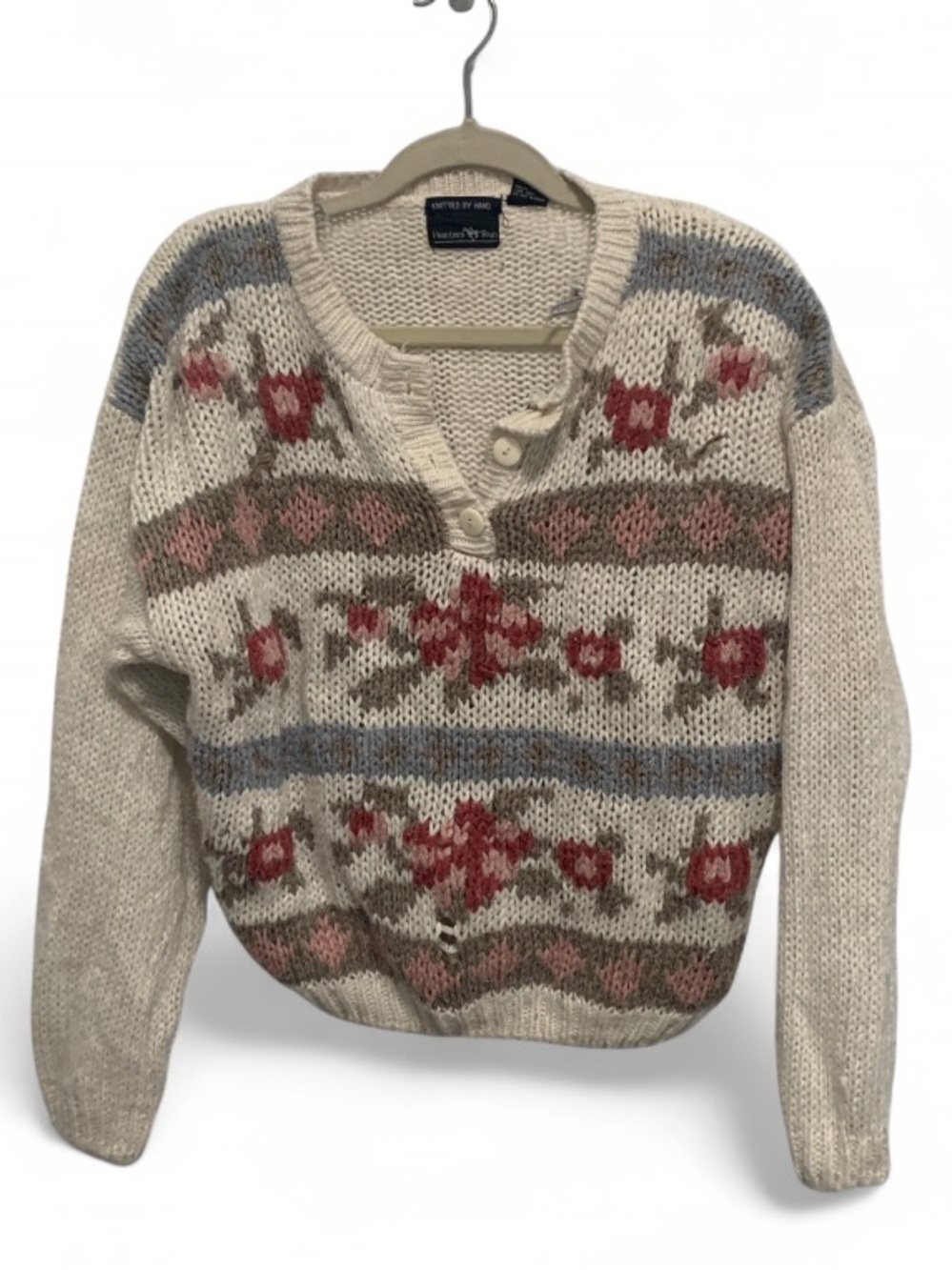 Vintage Cream Floral Knit Button Neck Pullover Sweater